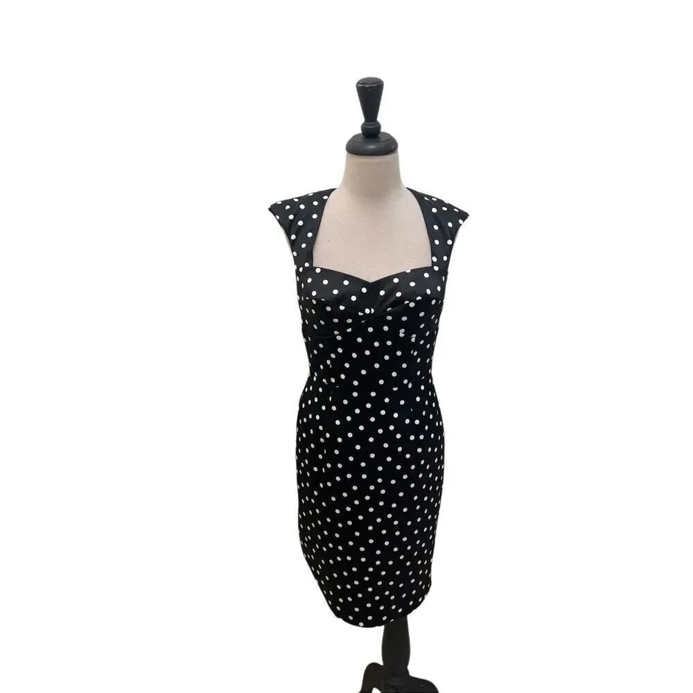 White House Black Market Women's Polka Dot Cutout Sheath Dress Black White Sz 4